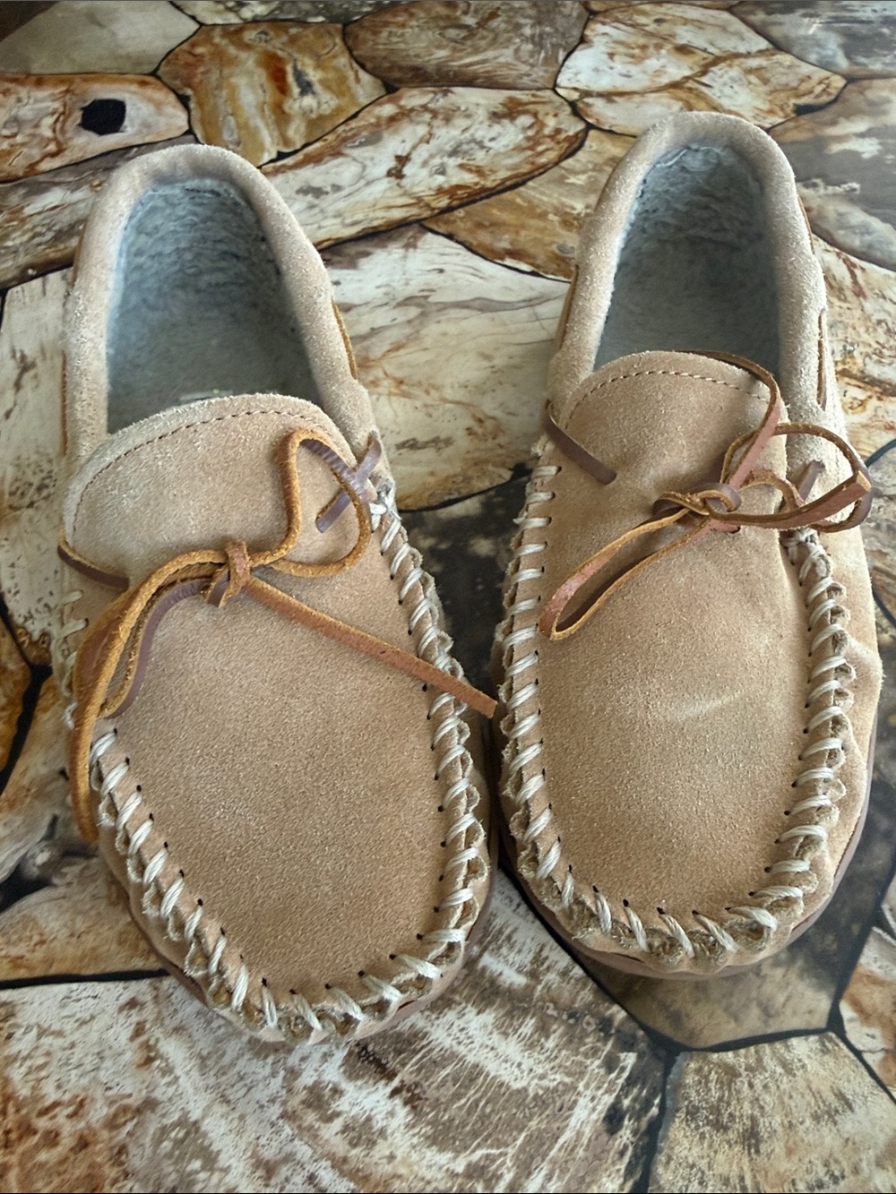 Minnetonka Chestnut Suede Moccasin Slipper with Shearling Lining